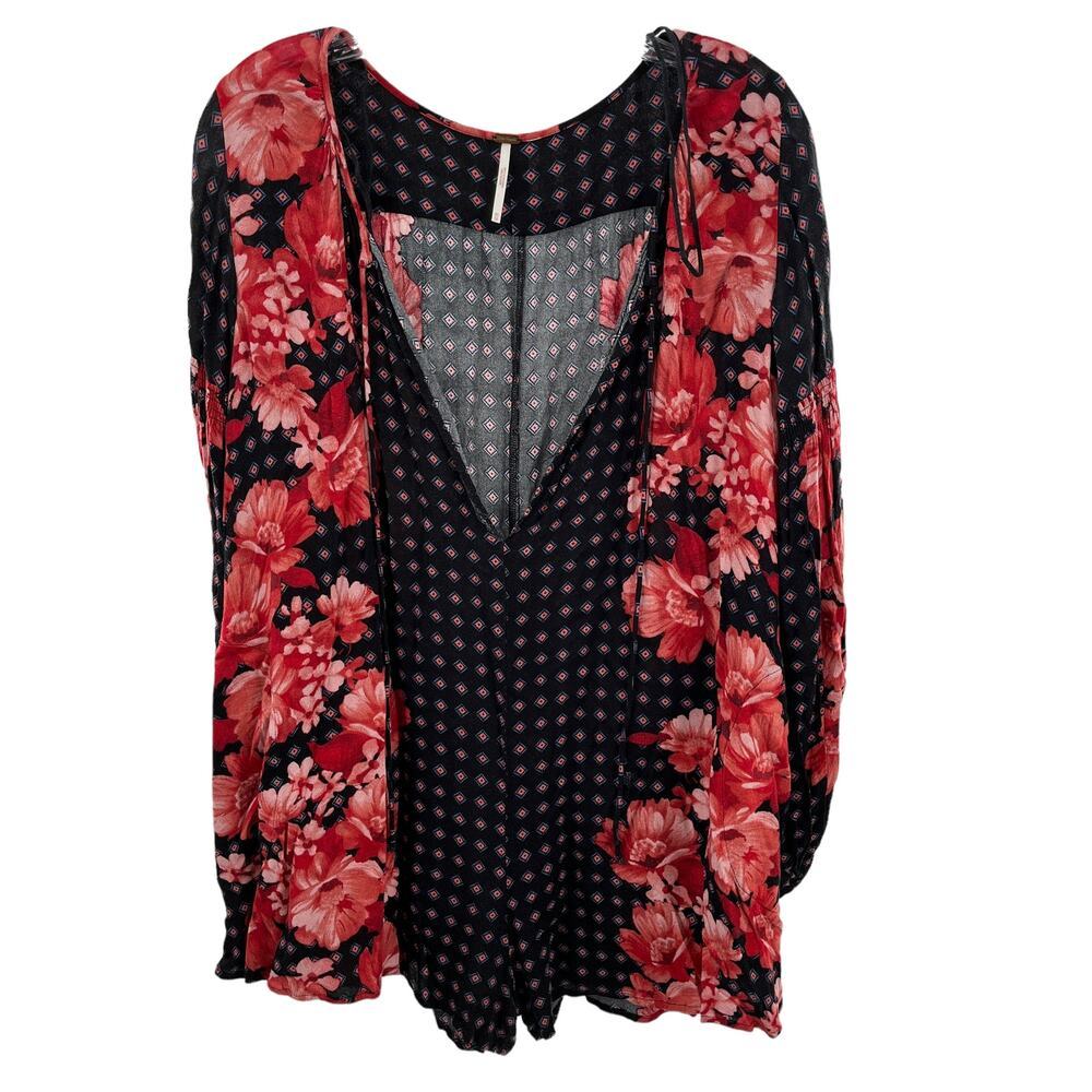 Free People Red Black Long Balloon Sleeve Floral Print V-Neck Boho Top Size XS - Picture 2 of 9